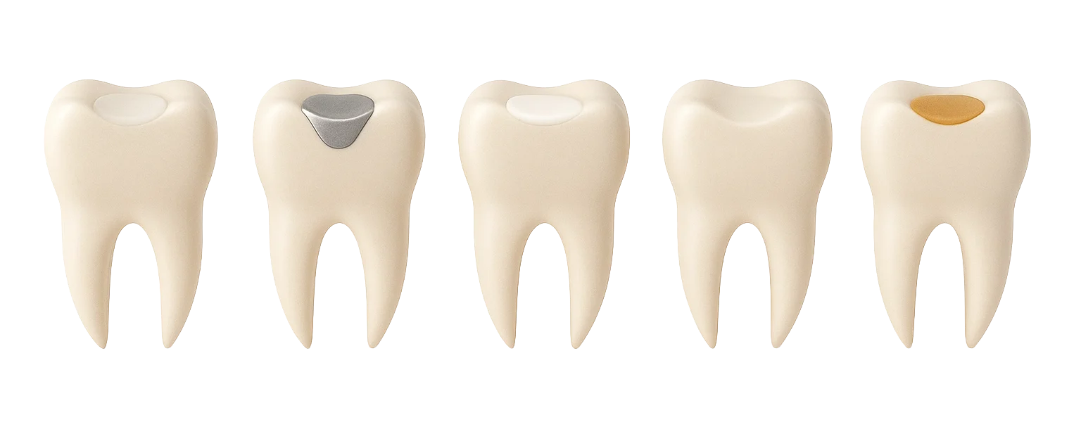 Виды пломб 3D макет зубов с различными видами пломб: временные и постоянные — цементные, металлические, пластмассовые, композитные, стеклоиономерные